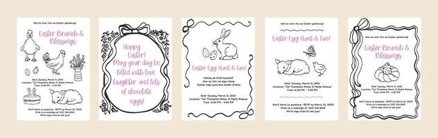 Set of happy Easter card background in hand drawn line art. Spring design doodle outline graphic. Coquette whimsical greeting cards outline illustration vector