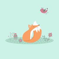 Cute fox sitting on lawn in forest with bird and flowers in flat style vector