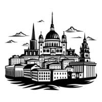 A striking black and white depiction of a grand cathedral with intricate details and surrounding clouds enhancing its majestic appearance vector