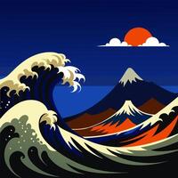 Large Wave Crashing Against Mountain Range Under Sunset Sky vector