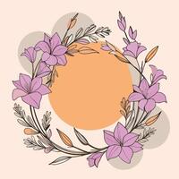 Minimalistic floral wreath with yellow and white lilies on a peach background. vector