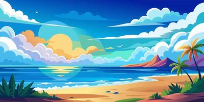 Tropical beach scene with palm trees and a setting sun over the ocean vector