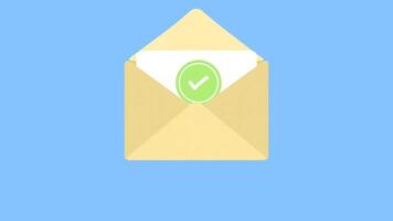 animation of An open envelope shows a received email message with the checkmark symbol, representing digital communication and correspondence video