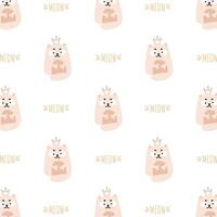 Funny pattern with a cute kitten with a pink crown on a white background vector