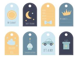 Set of 8 cute tags for a newborn in pastel colors with inscriptions and various elements vector