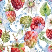 Raspberry leaves, dew drops flying in water splash, ripe summer garden forest berry loganberry hand drawn in watercolor. Isolated seamless pattern tile. Home preserves, stationery, menu, recipe book vector