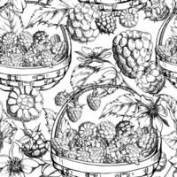 Raspberry with leaves in weaved basket, hand drawn in ink. Scattered ripe picked forest garden berry harvest. Isolated seamless pattern. Home preserves, textile linens, food store, packaging vector