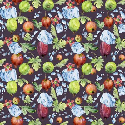 Gooseberry Currant berries flying in water splash with ice cubes dew drops flowers leaves hand drawn in watercolor, ripe garden casseille. Seamless pattern isolated on dark. Wrapping paper, packaging