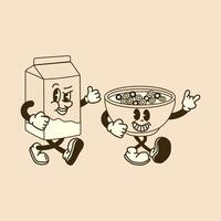 Retro Cartoon Cereal and Milk Characters. Perfect Breakfast Duo vector
