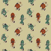 Seamless pattern with Groovy Cartoon Rocket Grenade and Bomb Characters vector
