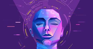 concept of machine learning of deep learning, graphic of AI artificial intelligence head presented in cyberpunk vector