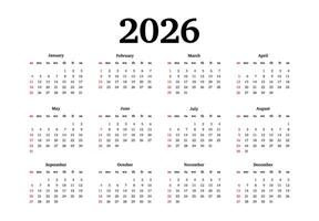 Calendar for 2026 on a white background. Sunday to Monday, business template. vector