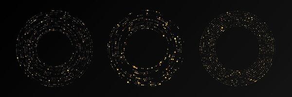 Abstract gold glowing dotted background. Set of three gold glitter patterns in circle form. Circle halftone dots. illustration vector