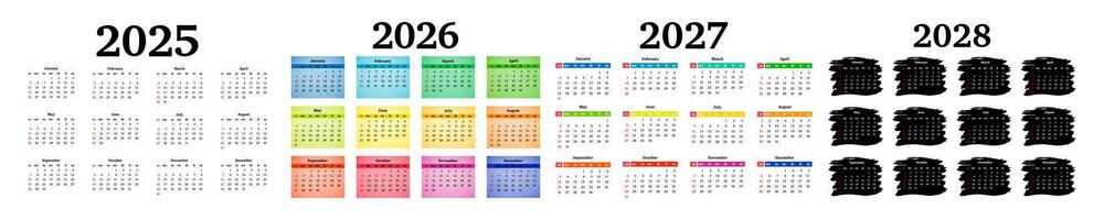 Set of vertical calendars for 2025, 2026, 2027 and 2028 isolated on a white background. Sunday to Monday, business template. illustration vector