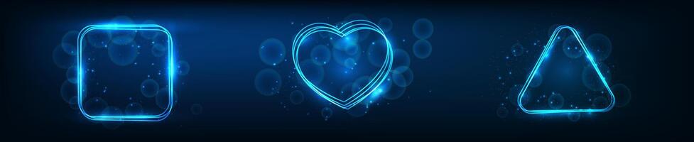 Set of three neon frames with effects and sparkles on dark background. Empty glowing techno backdrop. illustration vector