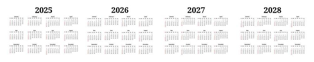 Set of four calendars for 2025, 2026, 2027 and 2028 isolated on a background. Sunday to Monday, business template. illustration vector