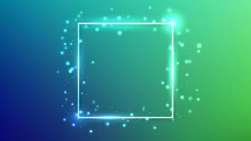 Neon square frame with shining effects and sparkles on dark green background. Empty glowing techno backdrop. illustration vector