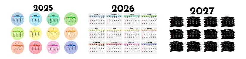 Set of calendars for 2025, 2026 and 2027 on a white background. Sunday to Monday, business template. illustration vector