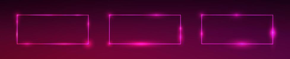 Set of three neon rectangular frames with shining effects on dark purple background. Empty glowing techno backdrop. illustration vector