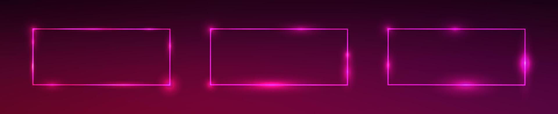 Set of three neon rectangular frames with shining effects on dark purple background. Empty glowing techno backdrop. illustration