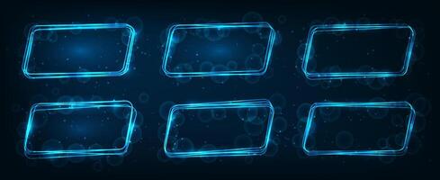 Set of neon rounded parallelogram frames with shining effects and sparkles on dark background. Empty glowing techno backdrop. illustration vector