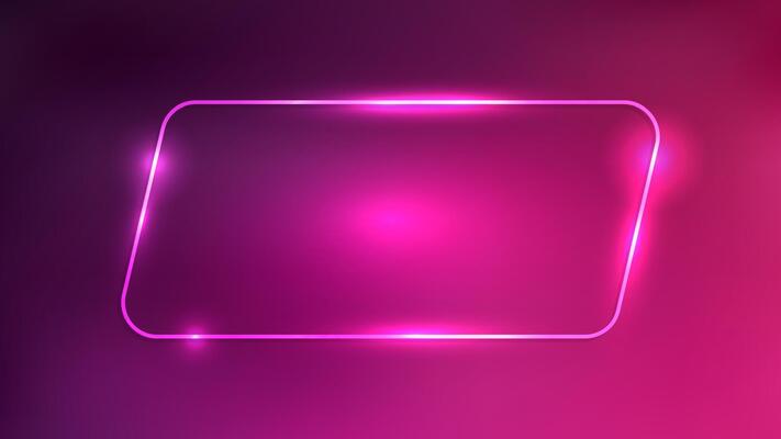 Neon rounded parallelogram frame with shining effects on dark pink background. Empty glowing techno backdrop. illustration
