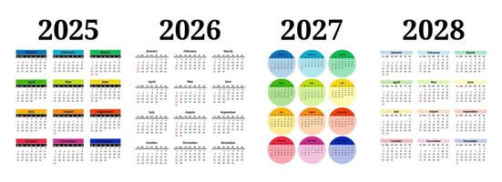 Set of four vertical calendars for 2025, 2026, 2027 and 2028 isolated on a background. Sunday to Monday, business template. vector