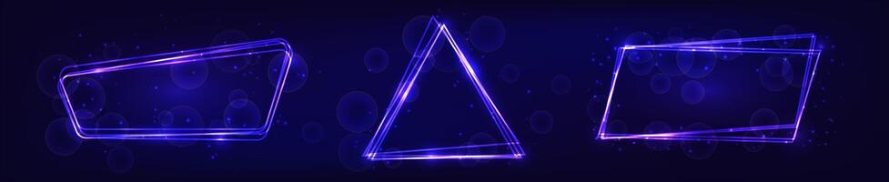 Set of three neon frames with shining effects and sparkles on dark background. Empty techno backdrop. vector