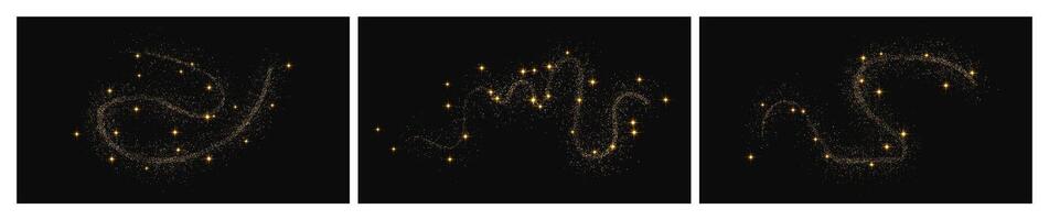 Gold glittering wave and stardust. Set of three backdrops with golden magical sparkles on dark background. illustration vector