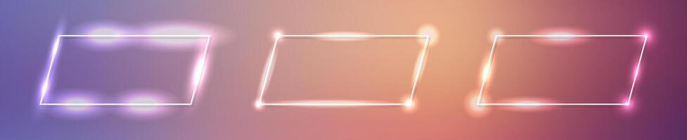 Set of neon frames with effects, Set of three neon rectangular frames with shining effects on purple background. Empty glowing techno backdrop. vector
