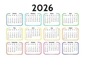 Calendar for 2026 isolated on a white background. Sunday to Monday, template. illustration vector