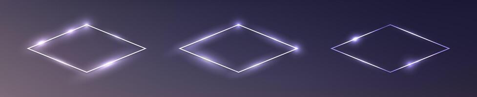 Set of three neon rhombus frames with shining effects on dark background. Empty glowing techno backdrop. illustration vector