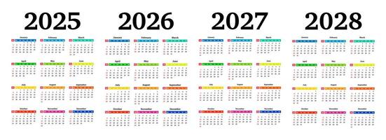 Set of vertical calendars for 2025, 2026, 2027 and 2028 isolated on a white background. Sunday to Monday, business template. vector