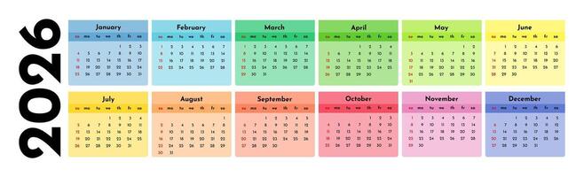 Horizontal calendar for 2026 isolated on a white . Sunday to Monday, business template. illustration vector