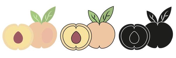 Set of peach illustrations with leaves in three different styles. Clean, minimalist and modern composition. vector