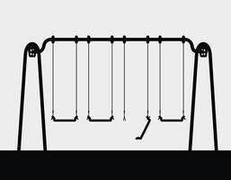 Black silhouette drawing of an empty children's swing set with several swings in different positions. vector