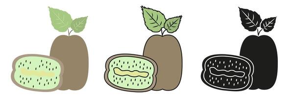 Set of kiwi fruit illustrations with leaves in three different styles. Perfect for food packaging, summer design. vector