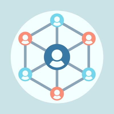 Connected people network around a central hub cartoon flat design illustration