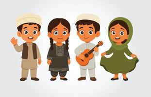 Afghan Children in Traditional Clothes Smiling and Waving vector