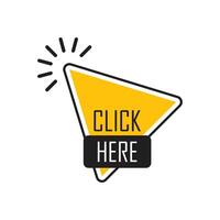 A yellow and black triangle with the words click here vector