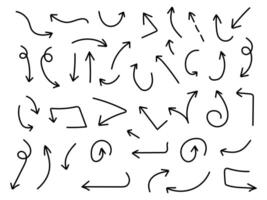 Set of simple lines hand drawn black arrows in various style vector