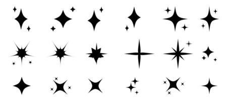 black star icons in various shapes and sizes. Includes starbursts, sparkles, and twinkles. Perfect for design, decoration, and embellishment. Festive element set. vector