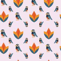 A pattern with birds and leaves on a pink background vector