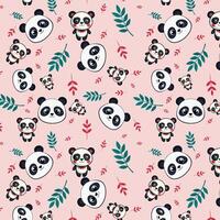 Adorable Cartoon Pandas with Playful Leaf Motifs on Pink vector