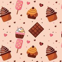 Playful Assorted Desserts and Heart Shapes Seamless Pattern on Pink Background vector