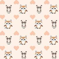 Cute Cartoon Animal Pattern with Foxes, Pandas, and Hearts vector