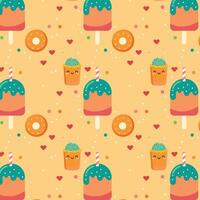 Cute Pattern with Ice Cream Popsicles, Donuts, and Smiling Cups vector