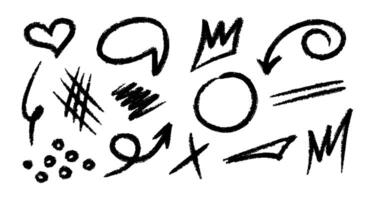 Chalk hand drawn arrow, marker lines, underlines. Crayon black brush scribbles, heart, crown, speech bubble, grunge texture, zig zag by marker or pencil. Doodle sketch elements. vector