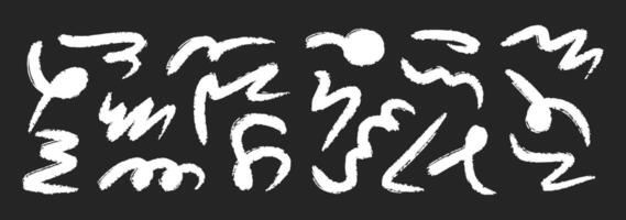 Hand drawn chalk Abstract Scribbles Set. Grunge Marker Lines Isolated on black Background. Black grunge charcoal strokes, squiggle, swirls, smears and shapes by pencil. vector
