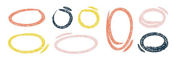 Grunge Hand Drawn Circle Highlights with dry brush or marker texture. Marker Color Scribble Elements Set. Sketchy rough oval and circular frames perfect for emphasizing text, UX design elements, note vector